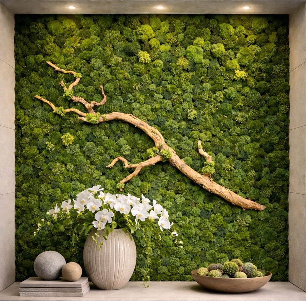 Modern iç mekan yosun duvar konsepti ve dekoratif dikey peyzaj tasarımı.