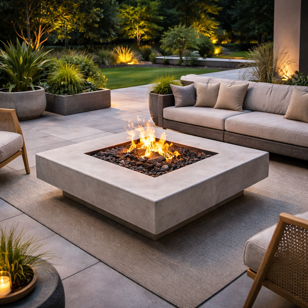 Bahçe dekorasyonu için modern ateş çukuru ve dekoratif saksı kombinasyonu